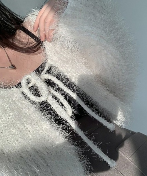 Ulysses(ユリシス)の「シャギーニットリボンカーディガン(カーディガン/ボレロ・レディース・ホワイト/ピンク/グレー/ブラック/ベージュ/ライトパープル/ブルー/モカ・F)」の11枚目の写真