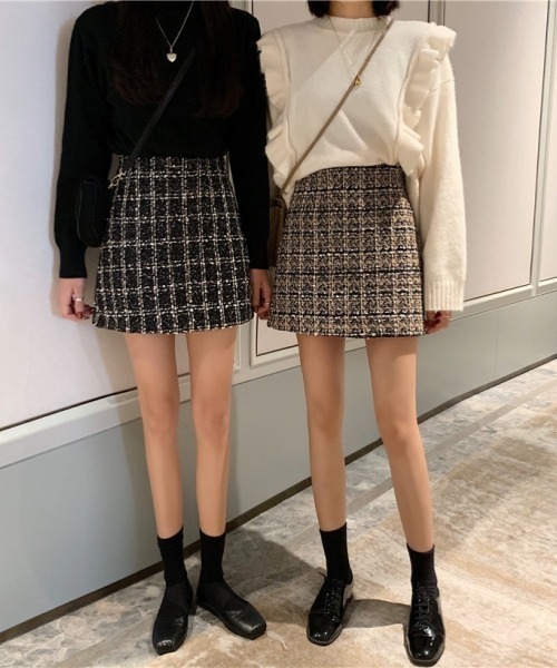gossip!ロサンゼルス(ゴシップロサンゼルス)の「Y2K Aラインツイードミニスカート チェック 台形ミニスカート 日常&シンプル(スカート・レディース・ベージュ/ブラック・M/S/L)」の5枚目の写真