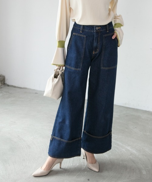 M.deux（エムドゥ）の「◎ステッチワイドデニム◎（デニムパンツ・レディース・ネイビー/ブラック・SMALL/MEDIUM）」の2枚目の写真