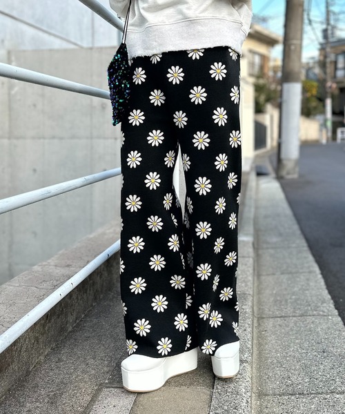 セール】スウェットライク デイジー柄ジャガードニットパンツ