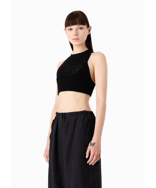 EMPORIO ARMANI(エンポリオアルマーニ)の「【エンポリオ アルマーニ】Emporio Armani Sustainability Values Capsule Collection クロップドトップス ビスコース混紡オープンワークニット(ニット/セーター・レディース・ブラック・SMALL/MEDIUM/X-SMALL)」の3枚目の写真