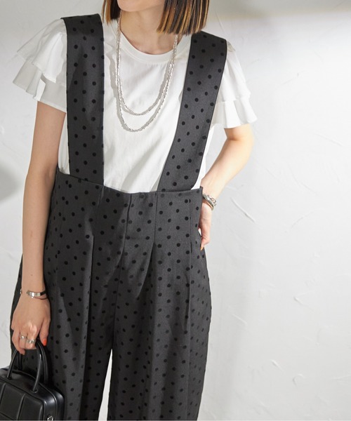 each（イーチ）の「フロッキードット太ベルトワイドパンツサロペ（サロペット/オーバーオール・レディース・ブラック・FREE）」の3枚目の写真