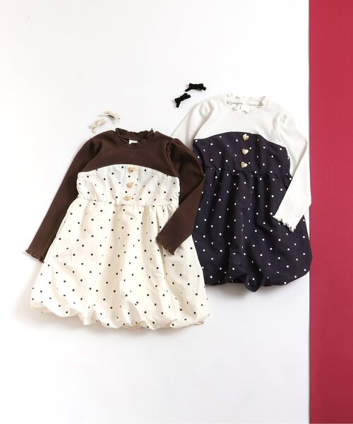 apres les cours（アプレレクール）の「ハートボタンバルーンドッキングワンピース（ワンピース・キッズ・ブラック/アイボリー・110/100/90/80/140/130/120）」の3枚目の写真