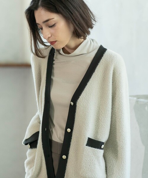 セール】フェザーヤーン配色Vネックカーディガン【洗濯機洗い可