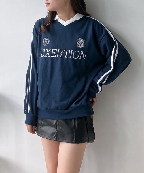 AS KNOW AS plus（アズノゥアズプラス）の「◇衿付きラインとロゴ刺繍 長袖ゲームシャツ（Tシャツ/カットソー・レディース・ブラック/オートミール/ネイビー・FREE）」の3枚目の写真