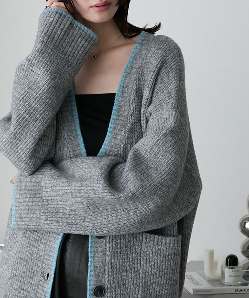 forksy.(フォルクシー)の「【forksy.】バイカラーラインオーバーサイズカーディガン(カーディガン/ボレロ・レディース・ラベンダー/ブラック/グレー・FREE)」の3枚目の写真