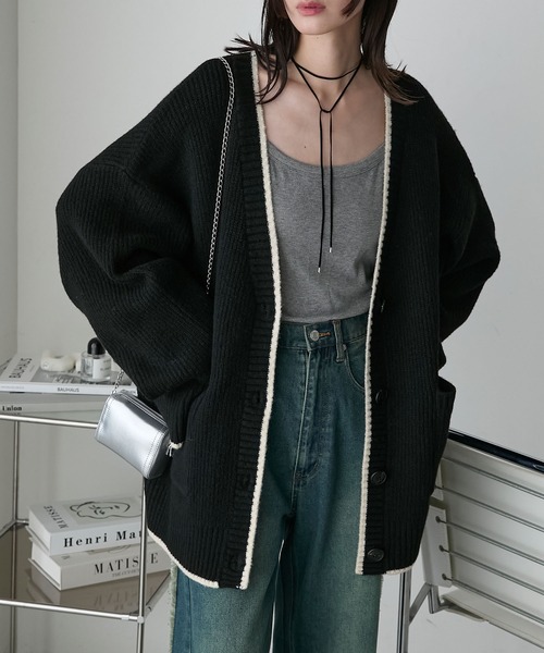 forksy.(フォルクシー)の「【forksy.】バイカラーラインオーバーサイズカーディガン(カーディガン/ボレロ・レディース・ラベンダー/ブラック/グレー・FREE)」の1枚目の写真