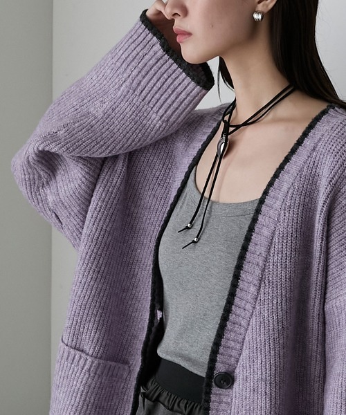 forksy.】バイカラーラインオーバーサイズカーディガン（カーディガン