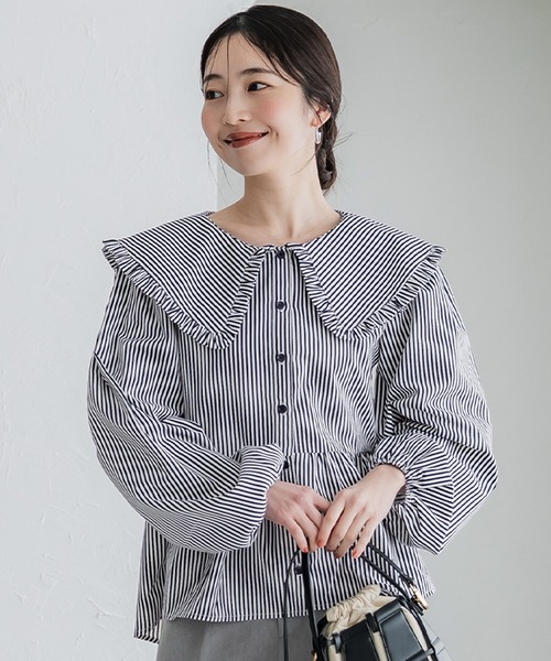 coca（coca）（コカ）の「ビッグカラー切り替えギャザーブラウス（シャツ/ブラウス・レディース・ブルー/ホワイト/ストライプ・L/M）」の3枚目の写真