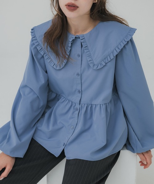 coca（coca）（コカ）の「ビッグカラー切り替えギャザーブラウス（シャツ/ブラウス・レディース・ブルー/ホワイト/ストライプ・L/M）」の2枚目の写真