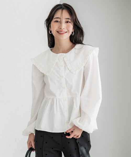 coca（coca）（コカ）の「ビッグカラー切り替えギャザーブラウス（シャツ/ブラウス・レディース・ブルー/ホワイト/ストライプ・L/M）」の8枚目の写真