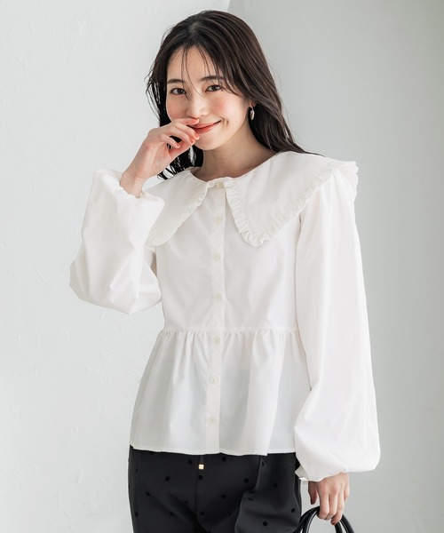 coca（coca）（コカ）の「ビッグカラー切り替えギャザーブラウス（シャツ/ブラウス・レディース・ブルー/ホワイト/ストライプ・L/M）」の9枚目の写真