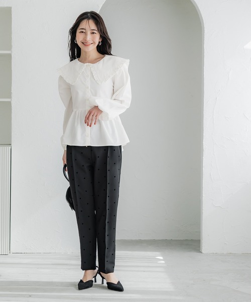 coca（coca）（コカ）の「ビッグカラー切り替えギャザーブラウス（シャツ/ブラウス・レディース・ブルー/ホワイト/ストライプ・L/M）」の4枚目の写真