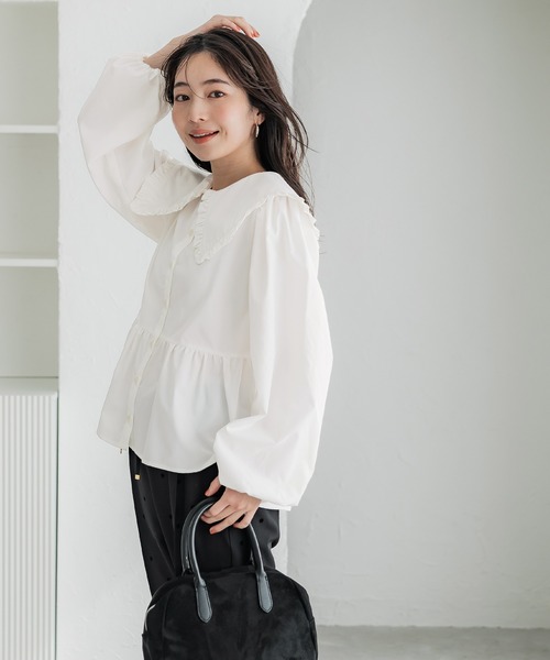 coca（coca）（コカ）の「ビッグカラー切り替えギャザーブラウス（シャツ/ブラウス・レディース・ブルー/ホワイト/ストライプ・L/M）」の6枚目の写真