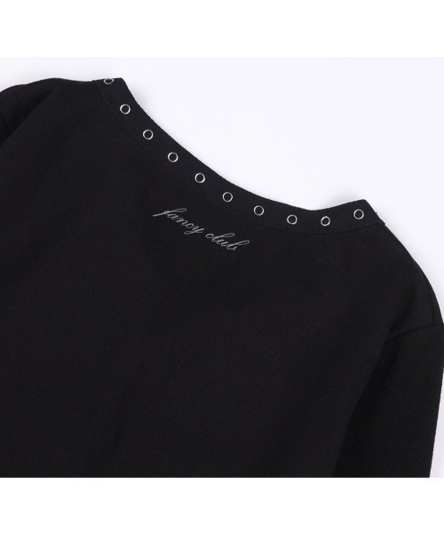 FANCY CLUB（ファンシークラブ）の「韓国ブランド NASTY FANCY CLUB ナスティーファンシークラブ VINTAGE LETTERING SNAP LONG SLEEVE ビンテージレタリングスナップロングスリーブ ブイネックTシャツ 長袖Tシャツ ロゴTシャツ プリントTシャツ 韓国ファッション 韓国ストリート ストリートファッション（Tシャツ/カットソー・レディース・ブラック・ONE SIZE）」の12枚目の写真