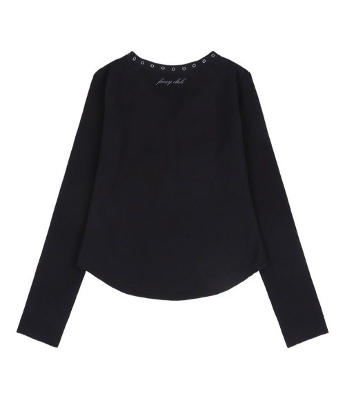 FANCY CLUB（ファンシークラブ）の「韓国ブランド NASTY FANCY CLUB ナスティーファンシークラブ VINTAGE LETTERING SNAP LONG SLEEVE ビンテージレタリングスナップロングスリーブ ブイネックTシャツ 長袖Tシャツ ロゴTシャツ プリントTシャツ 韓国ファッション 韓国ストリート ストリートファッション（Tシャツ/カットソー・レディース・ブラック・ONE SIZE）」の9枚目の写真