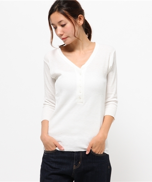 OUTLET(アウトレット)の「【Sheta】ワッフルヘンリーネック(Tシャツ/カットソー・レディース・グレー/カーキ/ホワイト・FREE)」の2枚目の写真