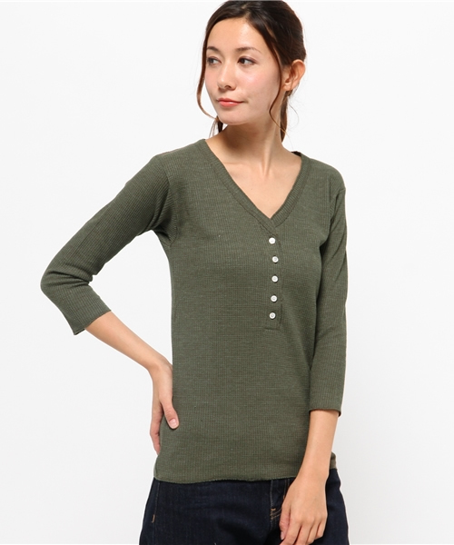 OUTLET(アウトレット)の「【Sheta】ワッフルヘンリーネック(Tシャツ/カットソー・レディース・グレー/カーキ/ホワイト・FREE)」の3枚目の写真