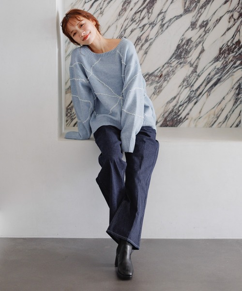 mysty woman（ミスティウーマン）の「線描きリボンニットプルオーバー 292374（ニット/セーター・レディース・ライトグレー/ブラック/ライトブルー/オフホワイト・FREE）」の20枚目の写真