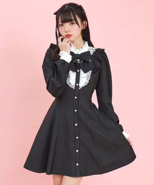 Secret Honey（シークレットハニー）の「アクセサリーリボンレースフリルワンピース（ワンピース・レディース・ブラック/ストライプ/ブラックミックス・MEDIUM）」の3枚目の写真