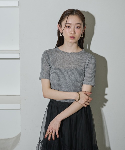 ニット セーター ハーフスリーブシアーニット レディース meilmada ニット セーター ハーフスリーブ配色シアーニット