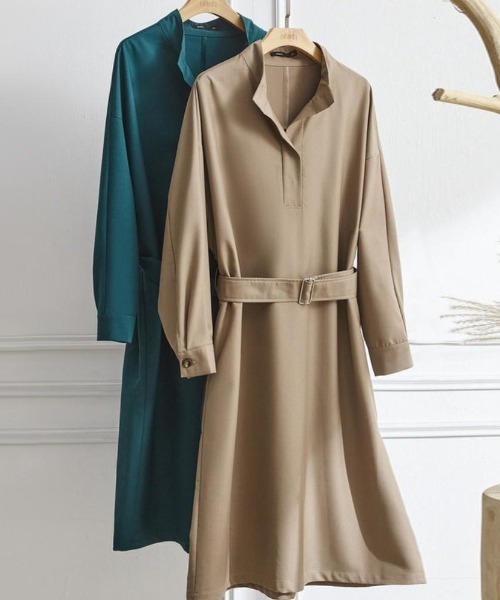 Forcement(フォースメント)の「スタンドカラースキッパーシャツワンピース(シャツワンピース・レディース・グリーン/ベージュ・ONESIZE)」の8枚目の写真