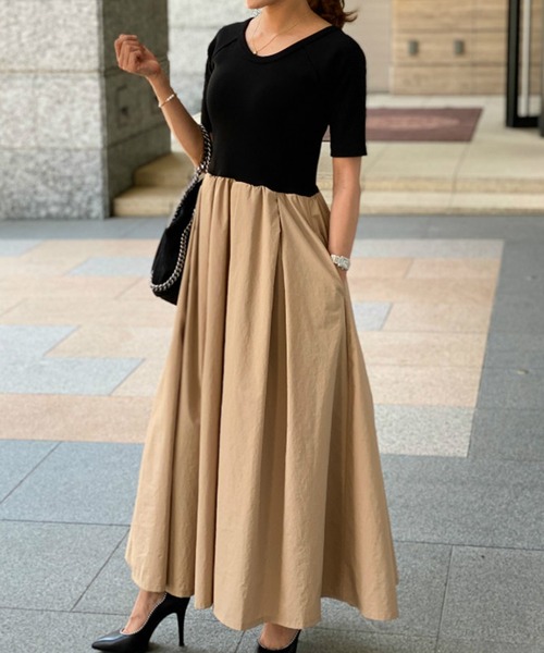 【新品】ST.ROONEY/リブ切替フレアワンピース シルエットが美しい前後2WAY リブ切替フレアワンピース