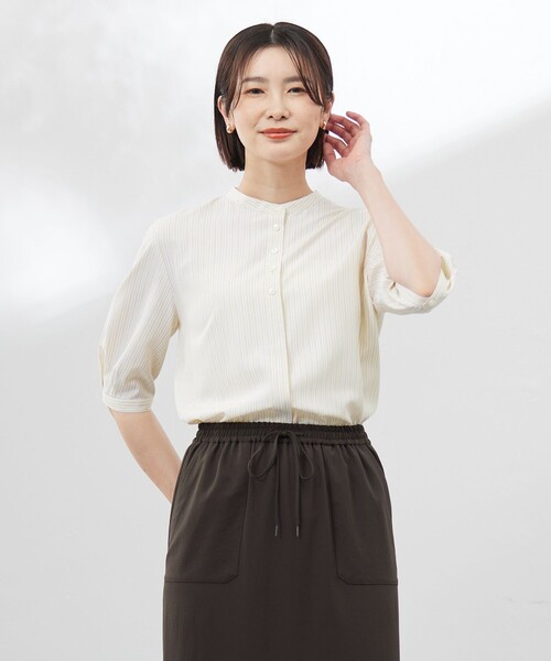 セール】【洗える】ストライプ バンドカラー ブラウス（シャツ