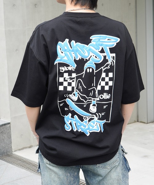 専用　ITEMS 袖ロールビッグTシャツ【BLK】他 セール】ゴースト 発泡バックプリント ビッグシルエット半袖Tシャツ