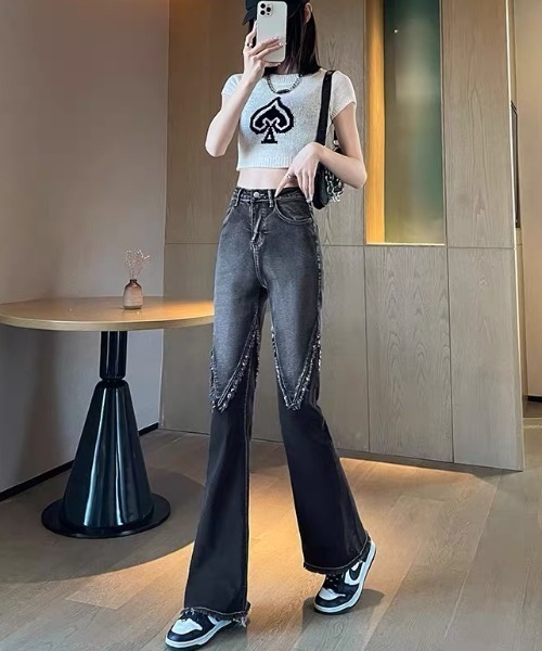 gossip!ロサンゼルス(ゴシップロサンゼルス)の「膝フリンジ フレアデニムパンツ(デニムパンツ・レディース・ブラック・M/S/XL/L)」の14枚目の写真