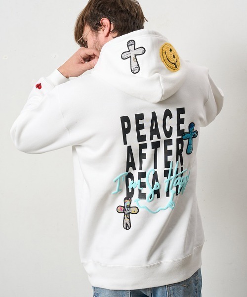 mpa3808- TC裏毛起毛 PEACE AFTER DEATH&マルチパッチワーク プルパーカー
