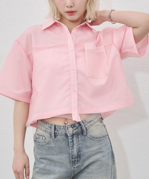 ENVYM（アンビー）の「チュールドッキング半袖ショートシャツ（シャツ/ブラウス・レディース・ピンク/ブルー・FREE）」の2枚目の写真