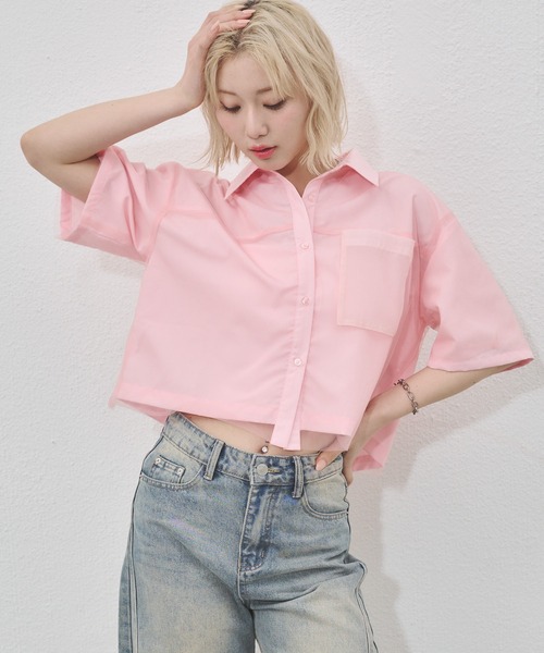 ENVYM（アンビー）の「チュールドッキング半袖ショートシャツ（シャツ/ブラウス・レディース・ピンク/ブルー・FREE）」の8枚目の写真