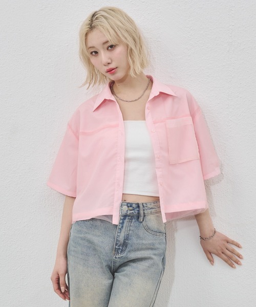 ENVYM（アンビー）の「チュールドッキング半袖ショートシャツ（シャツ/ブラウス・レディース・ピンク/ブルー・FREE）」の12枚目の写真