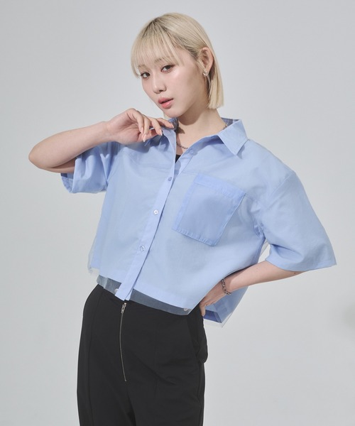 ENVYM（アンビー）の「チュールドッキング半袖ショートシャツ（シャツ/ブラウス・レディース・ピンク/ブルー・FREE）」の3枚目の写真