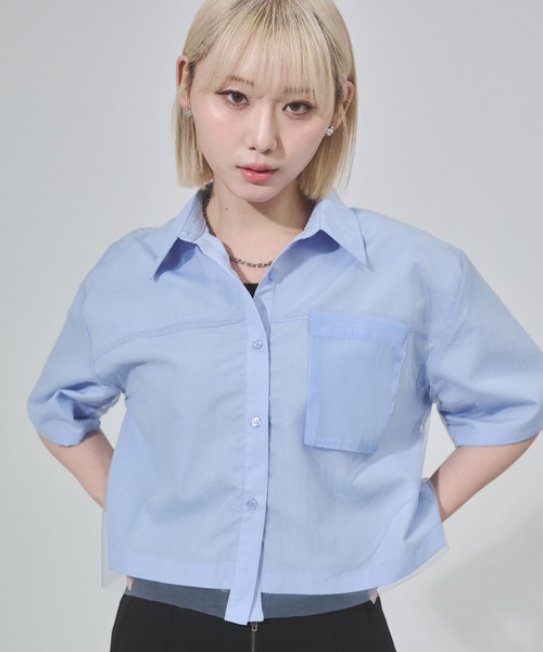 ENVYM（アンビー）の「チュールドッキング半袖ショートシャツ（シャツ/ブラウス・レディース・ピンク/ブルー・FREE）」の4枚目の写真