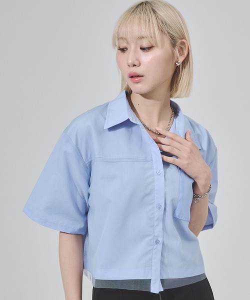 ENVYM（アンビー）の「チュールドッキング半袖ショートシャツ（シャツ/ブラウス・レディース・ピンク/ブルー・FREE）」の5枚目の写真