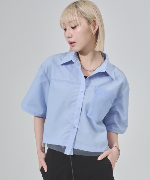 ENVYM（アンビー）の「チュールドッキング半袖ショートシャツ（シャツ/ブラウス・レディース・ピンク/ブルー・FREE）」の7枚目の写真