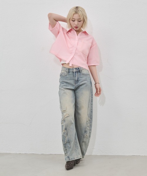 ENVYM（アンビー）の「チュールドッキング半袖ショートシャツ（シャツ/ブラウス・レディース・ピンク/ブルー・FREE）」の20枚目の写真