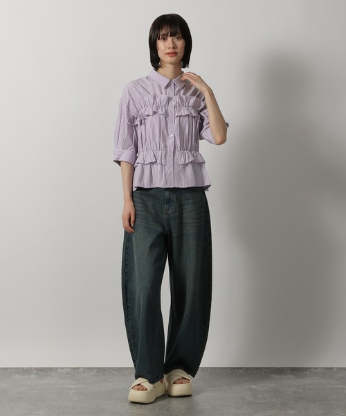 LAKOLE（ラコレ）の「ストライプフリルシャツ（5分袖） / 491872（シャツ/ブラウス・レディース・イエロー/チャコール/ライトブルー/パープル・FREE）」の11枚目の写真