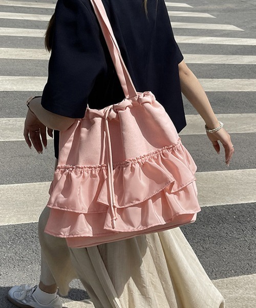 Miniministore（ミニミニストア）の「ティアードフリルトートバッグ キャンバス（トートバッグ・レディース・ピンク/ブラック/アイボリー/グリーン・FREE）」の4枚目の写真