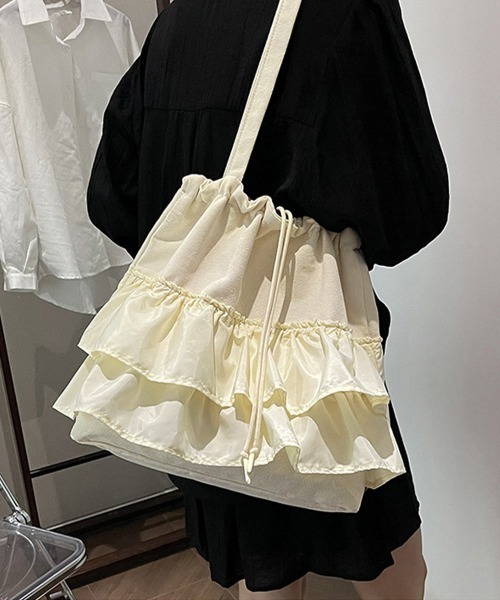 Miniministore（ミニミニストア）の「ティアードフリルトートバッグ キャンバス（トートバッグ・レディース・ピンク/ブラック/アイボリー/グリーン・FREE）」の2枚目の写真