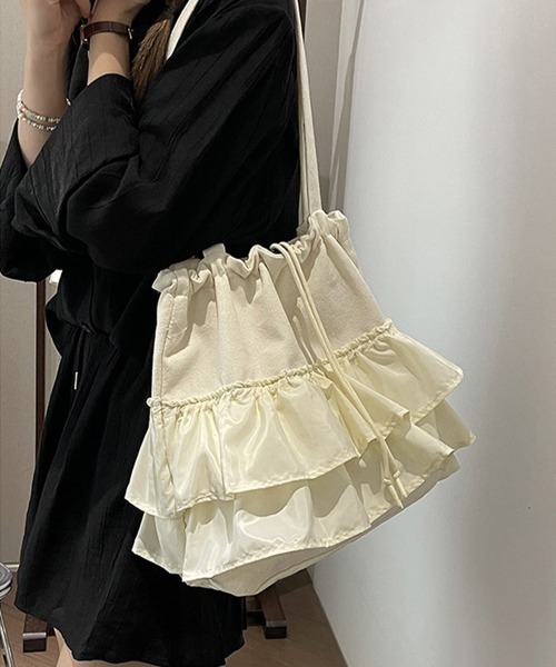 Miniministore（ミニミニストア）の「ティアードフリルトートバッグ キャンバス（トートバッグ・レディース・ピンク/ブラック/アイボリー/グリーン・FREE）」の16枚目の写真