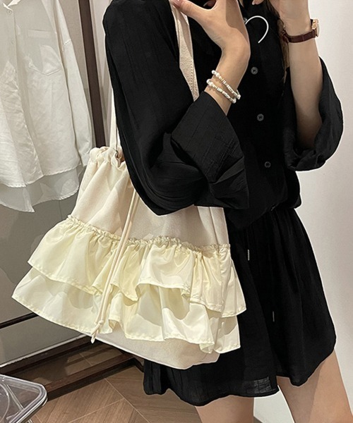 Miniministore（ミニミニストア）の「ティアードフリルトートバッグ キャンバス（トートバッグ・レディース・ピンク/ブラック/アイボリー/グリーン・FREE）」の17枚目の写真