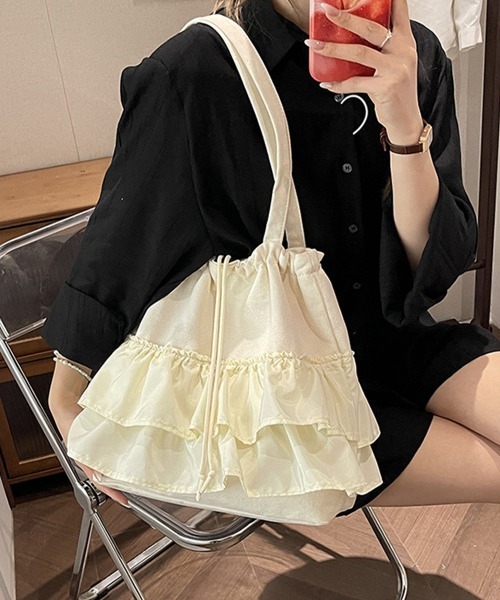 Miniministore（ミニミニストア）の「ティアードフリルトートバッグ キャンバス（トートバッグ・レディース・ピンク/ブラック/アイボリー/グリーン・FREE）」の18枚目の写真