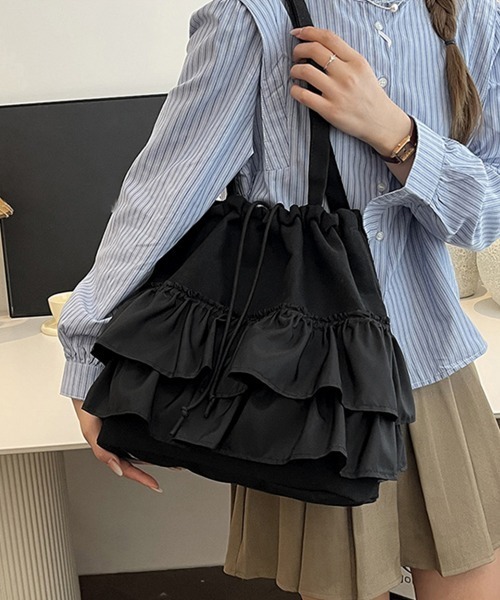 Miniministore（ミニミニストア）の「ティアードフリルトートバッグ キャンバス（トートバッグ・レディース・ピンク/ブラック/アイボリー/グリーン・FREE）」の21枚目の写真