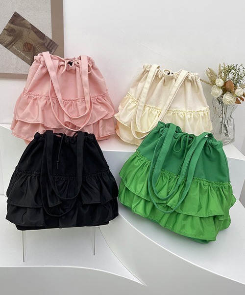 Miniministore（ミニミニストア）の「ティアードフリルトートバッグ キャンバス（トートバッグ・レディース・ピンク/ブラック/アイボリー/グリーン・FREE）」の8枚目の写真