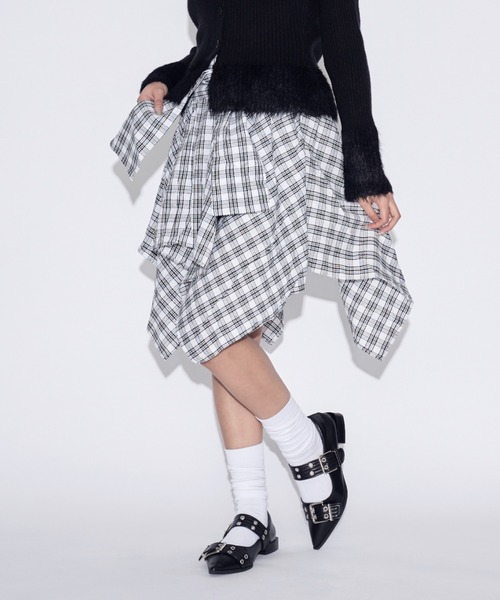 tinkerend(ティンカーエンド)の「Check Wrap Mini Skirt / チェックラップミニスカート シャツレイヤード(スカート・レディース・ブルー/ホワイト・FREE)」の8枚目の写真