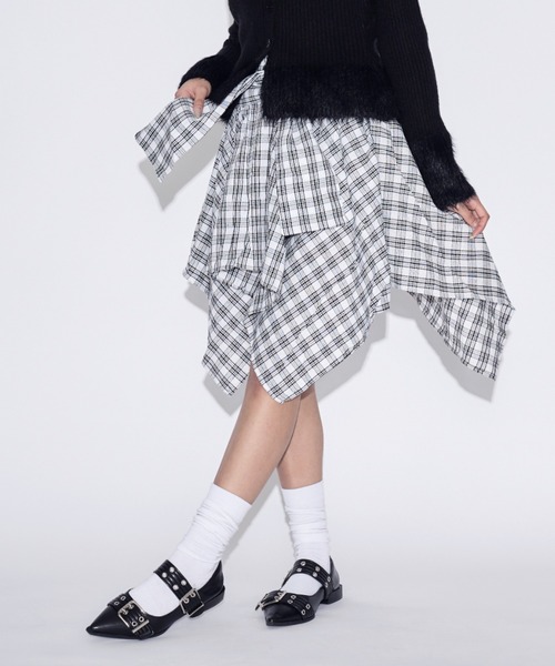 tinkerend(ティンカーエンド)の「Check Wrap Mini Skirt / チェックラップミニスカート シャツレイヤード(スカート・レディース・ブルー/ホワイト・FREE)」の9枚目の写真