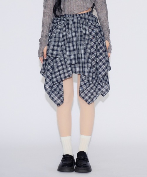 tinkerend(ティンカーエンド)の「Check Wrap Mini Skirt / チェックラップミニスカート シャツレイヤード(スカート・レディース・ブルー/ホワイト・FREE)」の16枚目の写真